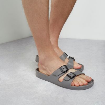 Grey double strap slip on sandals